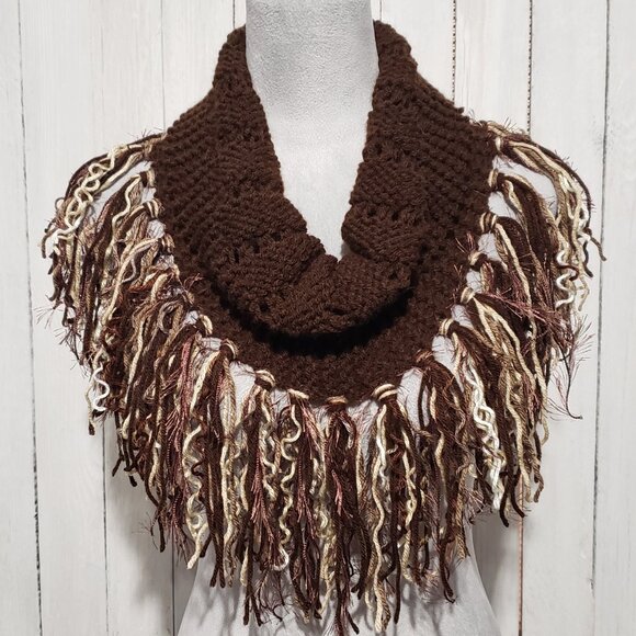 NEW Hand Knitted Brown Infinity Boho Cowl Scarf Fringe Artsy Indie Cottage - Picture 3 of 6